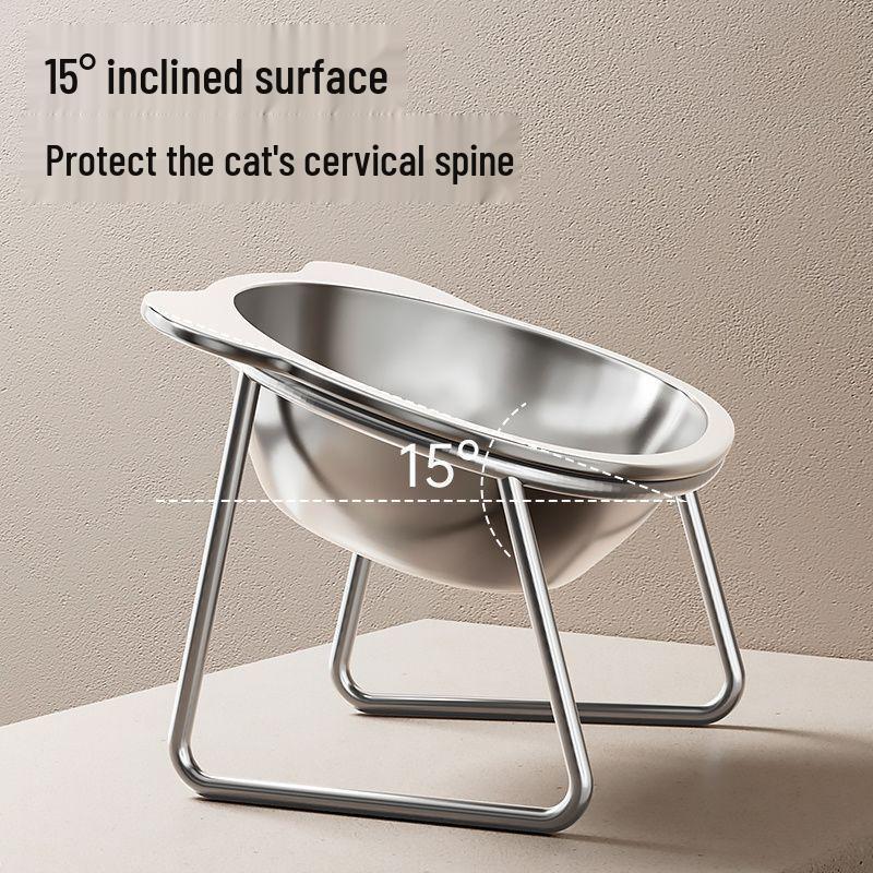Cervical-Friendly Anti-Knock Pet Bowl: 304 Stainless Steel Slanted Rice & Water Bowl