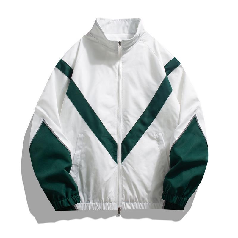 Men's Spring & Autumn Color-Block Sports Jacket with Reflective Strips - Casual Stand-Up Collar.