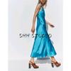 Spring New Women's Clothing British Style V Neck Silk Satin Texture Sleeveless Sling Midi Skirt Dress 2770399