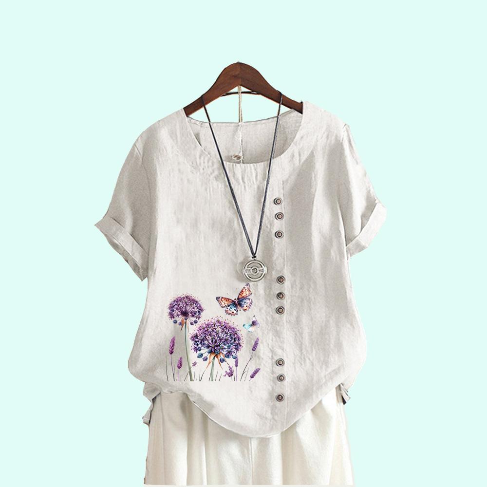 Women Summer Short Sleeve T-shirt Beautiful Flowers Print Casual Round Neck Blouses Plus Size Clothes