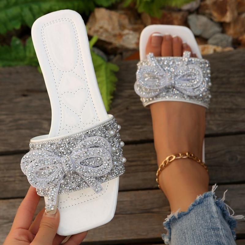 Fashion Women Luxury Flats Slippers Summer Designer Brand Beach Sandals Ladies Flat Open-toe Pearl Bow Shoes Slides