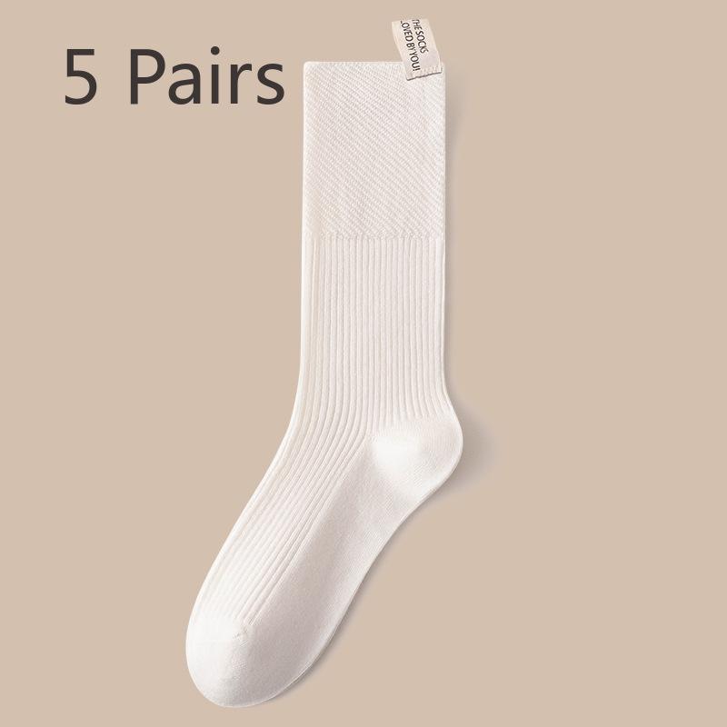 5 Pairs of Women's Autumn Solid Color Cotton Mesh Breathable Mid Tube Pile Socks