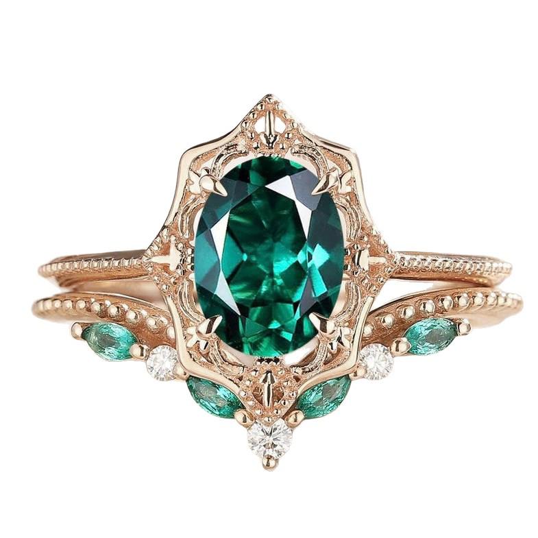 European & American Style Green Zirconia Gold-Plated Engagement Ring Set - 2-Piece Women's Jewelry Bestseller