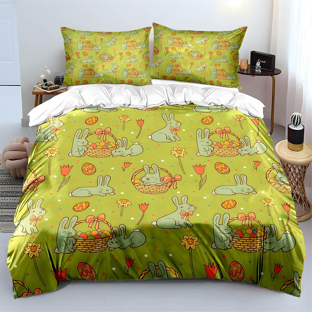 Easter Eggs and Bunny Pattern Bedding Set for Kids Luxury Gift 3pcs Digital Print Comforter Set Soft Comfortable Breathable