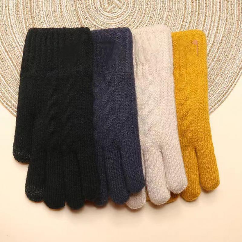 Winter Trendy Solid Color Double-layer Velvet Thickened Gloves For Women Knitted Outdoor Cold-proof Cycling Touch Screen Gloves