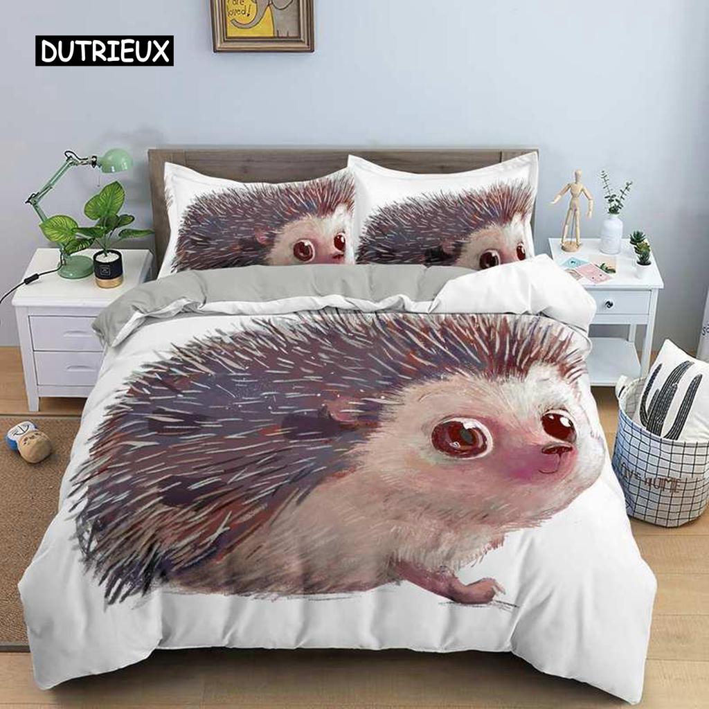 Hedgehog Duvet Cover Set 3D Cartoon Hedgehog Flower 2/3PCS Bedding Set Kids Boys Girls Animal Queen Size Polyester Quilt Cover