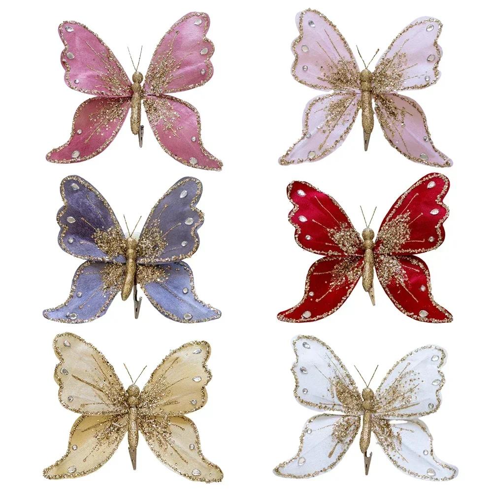 New Year Christmas Glitter Butterfly Ornament With Clip Indoor Home Fake Butterfly Craft Decorations 21x25 Cm Christmas Tree Dec