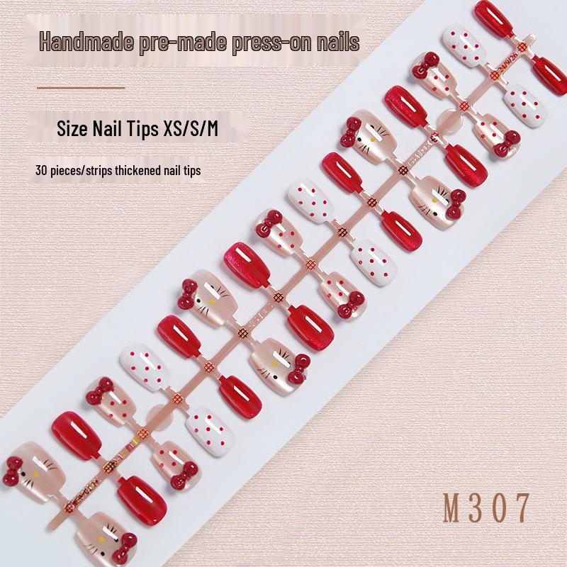

Red Polka Dot KT Cat Nail Stickers: Short Cartoon Cat Eye False Nails