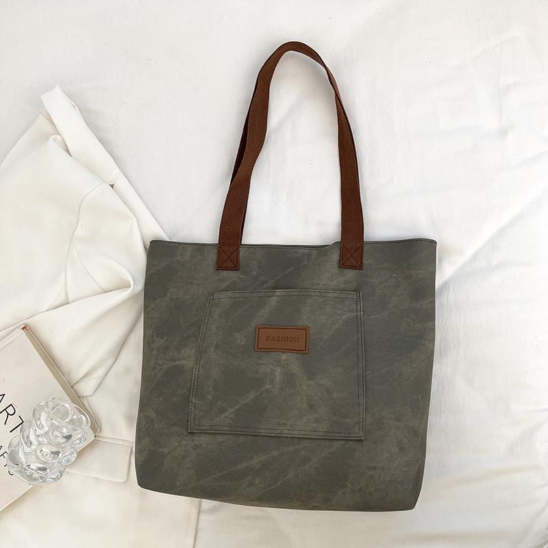 Large Capacity Canvas Tote Bag For Women With Stylish Streetwear Design In Gray Brown And Blue