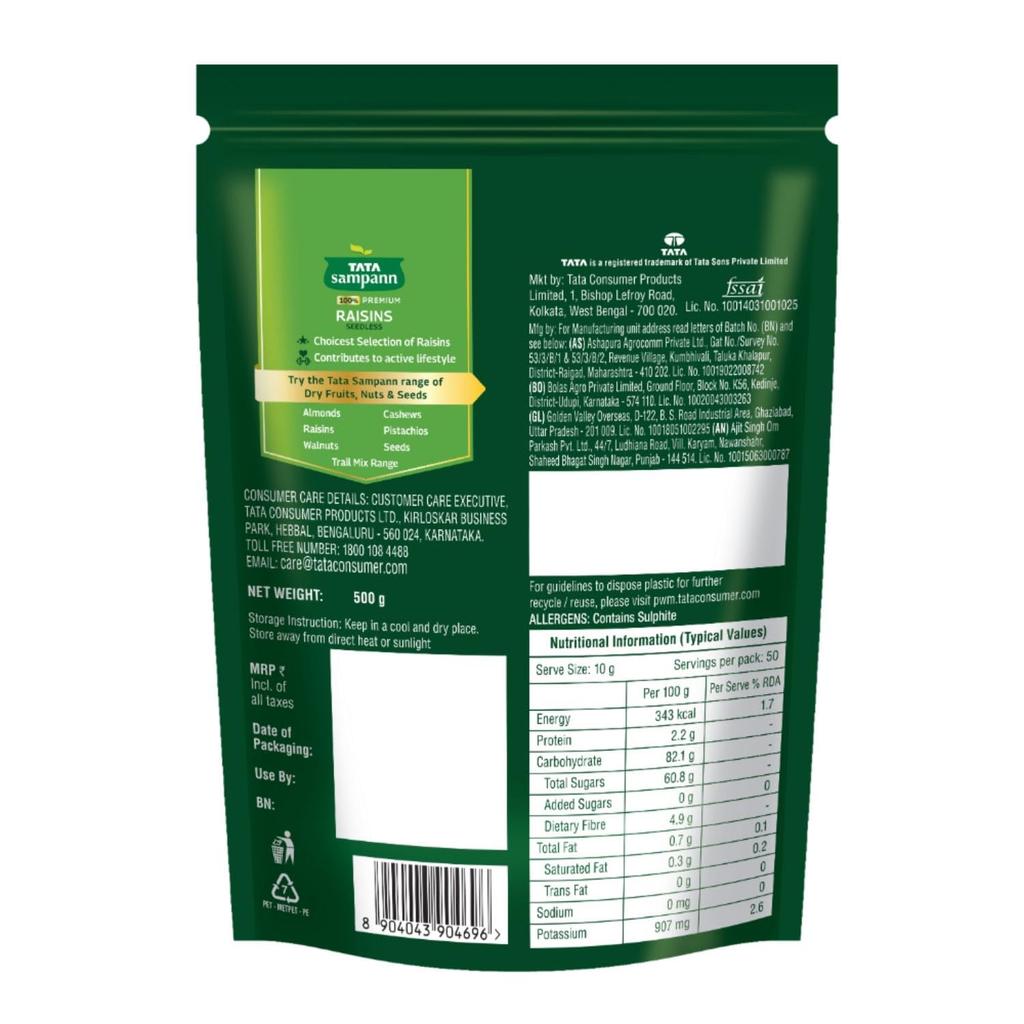 TATA Sampann Pure Raisins Seedless 500g Pack Of Premium Dry Fruits Green Kishmish Snack