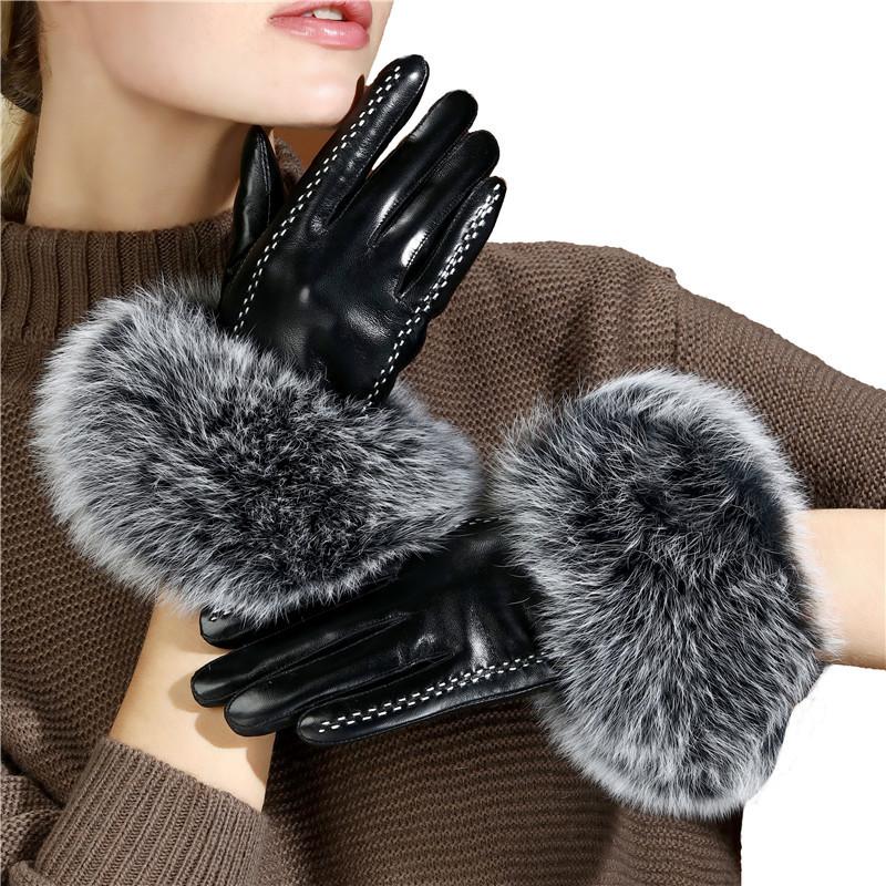 

Fox Fur Sheepskin Gloves For Women With Thick Velvet And Warm Insulation Large Fur Mouth Windproof And Touch Screen Gloves For Driving L