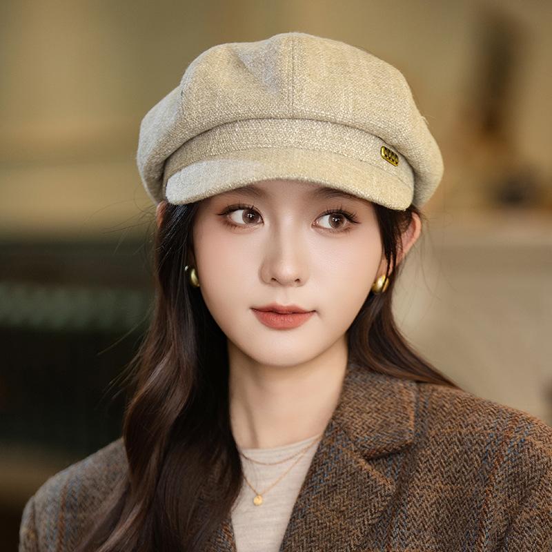 Autumn and winter hat women's big head circumference octagonal hat retro versatile fashion beret show face small painter hat
