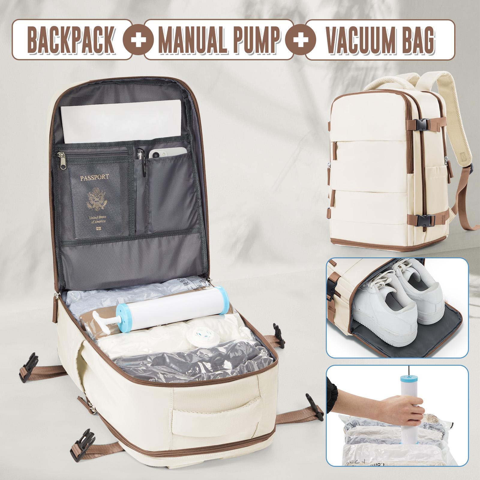 

Рюкзак Ryanair Cabin Airplane 40x20x25 Дорожня сумка для ноутбука з двома вакуумними пакетами для одягу, Рюкзак проти крадіжок бежевий