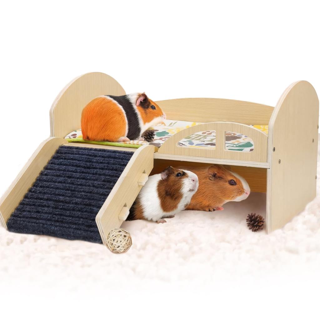 Guinea Pig Bed with Stable Stairs & Mat Wooden Small Animal Bed Wear Resist Wood Pet Toy Bed for Hamsters Bunny Chinchillas