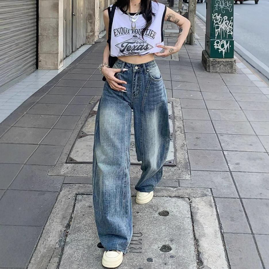 Comfortable Retro Wide Legged Do Old Jeans Skinny High-waisted Loose Straight Machete Trousers Trailing Trousers Jeans for Women Long Denim Pants