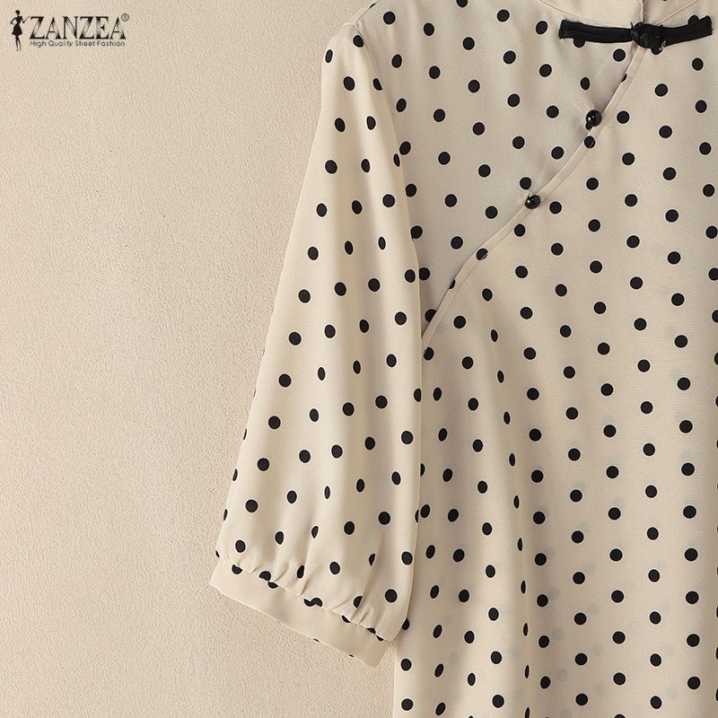 ZANZEA Women Casual Stand Collar Loose Half Sleeve Polka Dot Print Blouse