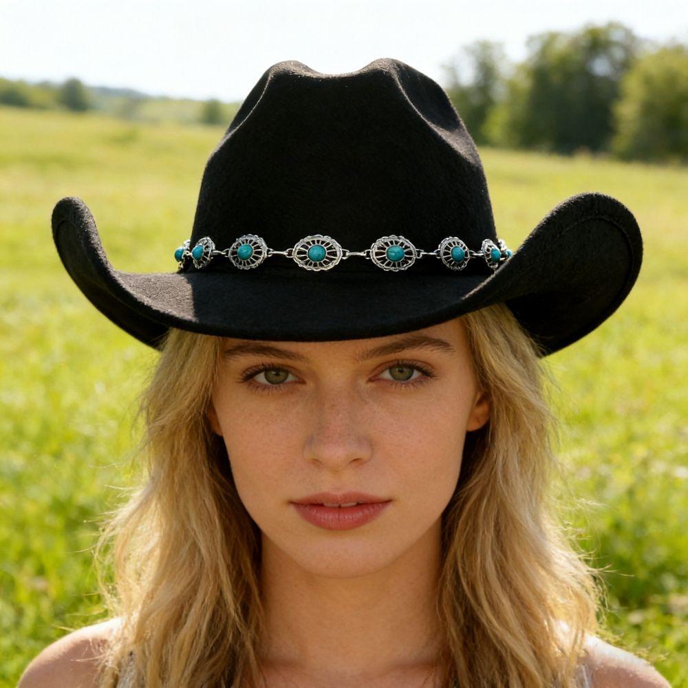 Turquoise Felt Fedora Hat Wide Curved Brim Western Cowgirl Hat for Party Travel Costume