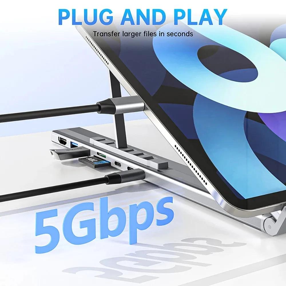 8-in-1 Halter Dockingstation Aluminiumlegierung Laptop Halter Hub TYPE-C zu HDMI Adapter 4K PD100W USB3.0 5Gbps Hub USB Verteiler