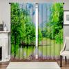 2PC Home Green Forest Curtains With Landscape Background And Pole Pocket Curtains, Kitchen, Coffee Shop, Living Room