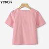 VONDA Women Girls Summer Square Collar Short Sleeve Buttons Casual Ruffled Blouse
