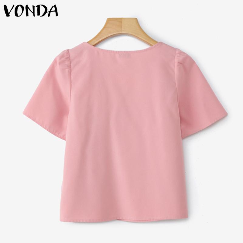 VONDA Women Girls Summer Square Collar Short Sleeve Buttons Casual Ruffled Blouse