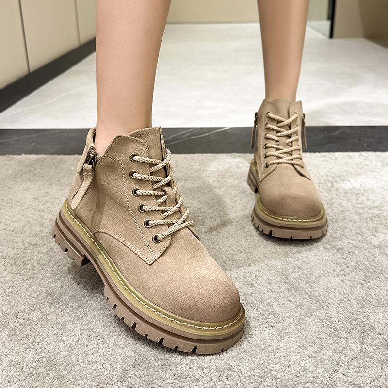 European Station Cattle Velvet Leather Rhubarb Women's Double Zipper Thicksole Inner Height Increasing Martin Retro Short