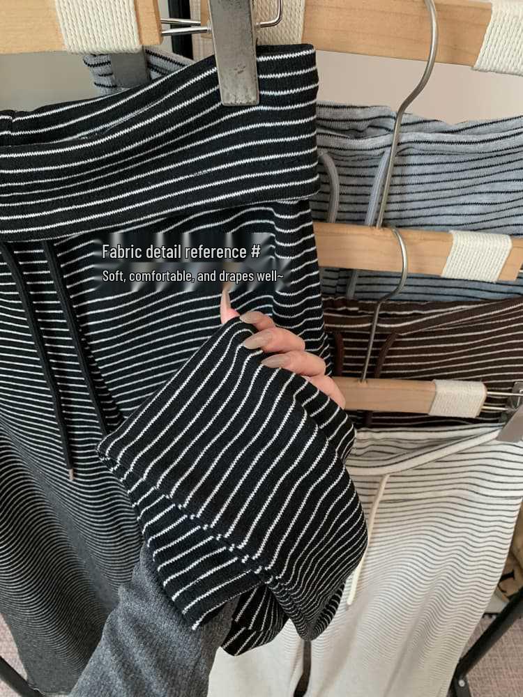 Autumn 2026 Women's Striped Drawstring Casual Pants - Floor-Length, Loose, Slimming Style
