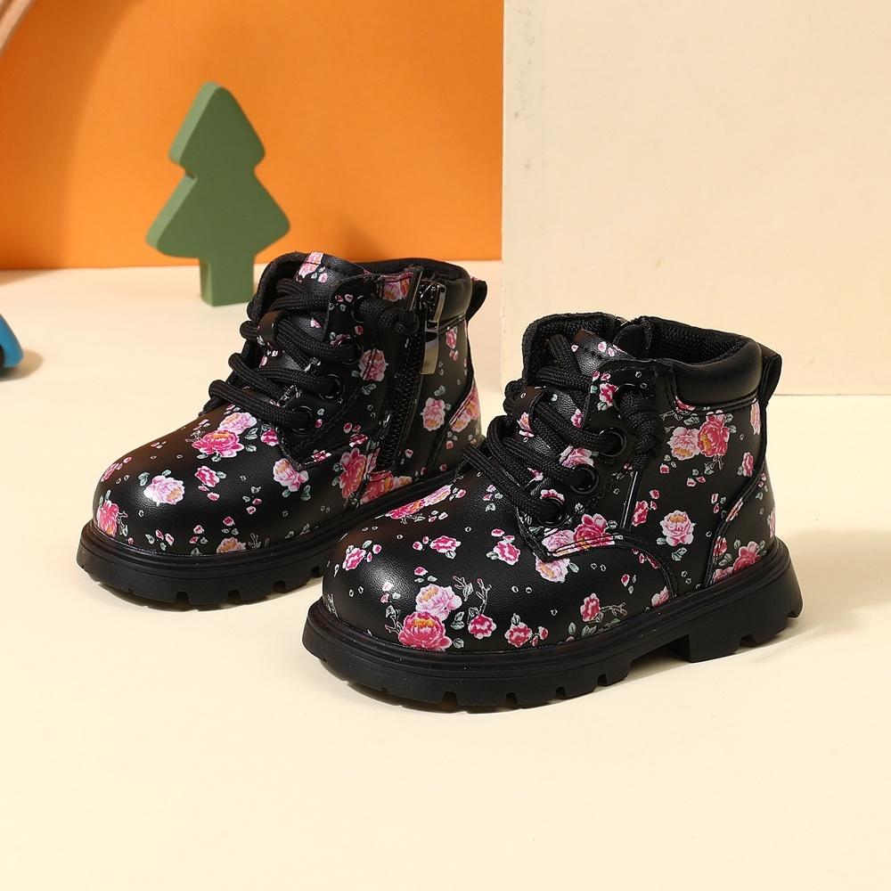 

Autumn Baby Boots For Girls Flower Leather Ankle Boots Rubber Sole Zip Side Toddler Kids Boots 15-25 26 чорний