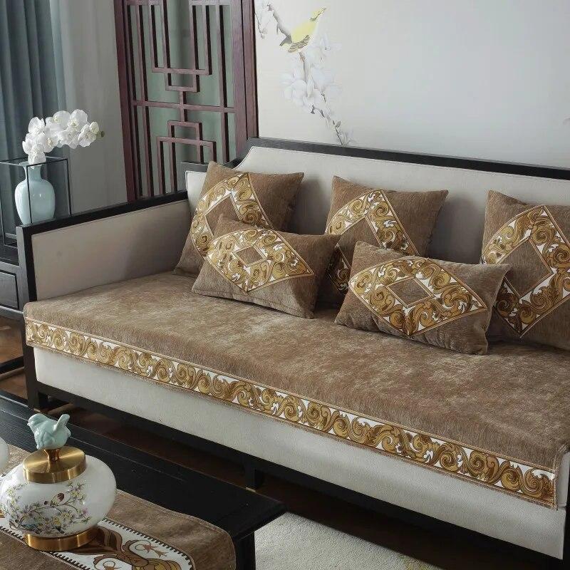 Luxury Embroidery Sofa Towel Fashion Solid Color High Grade Chenille Sofa Cover Chinese Anti-slip Couch Covers for Living Room