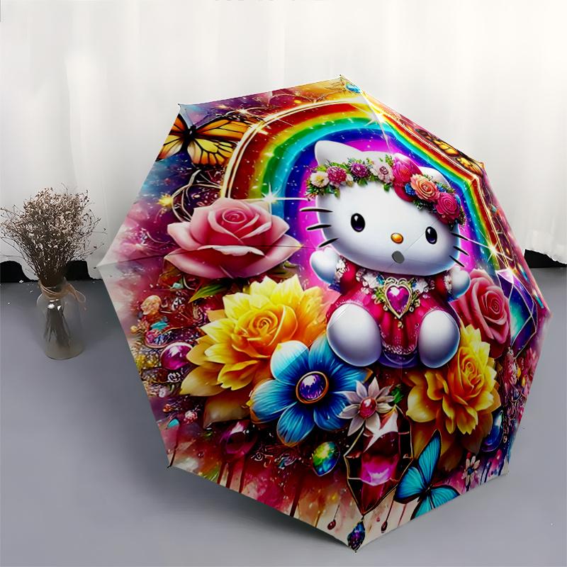 1pc Hello Kitty Floral Automatic Opening Folding Umbrella - Portable 3-Fold Design with 8-Bone Iron Frame, Perfect for Outdoor Use, Festive Gifts, Tra