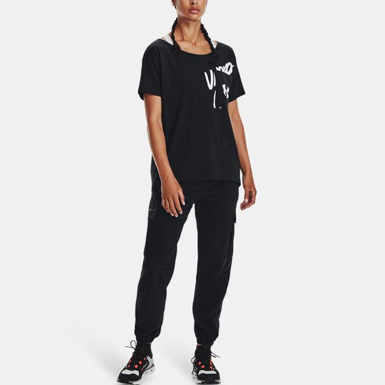 Under Armour Wordmark Ležérní Sportovní Prodyšné Tištěné Tričko s Krátkým Rukávem a Spuštěnými Rameny Dámská Trička Černá 1366132-001