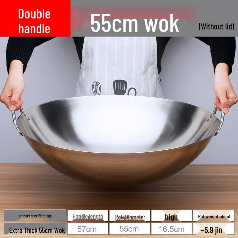 Extra Thick Non-Magnetic Stainless Steel Wok, 34-100cm Round Bottom with Double Ears for Commercial Use