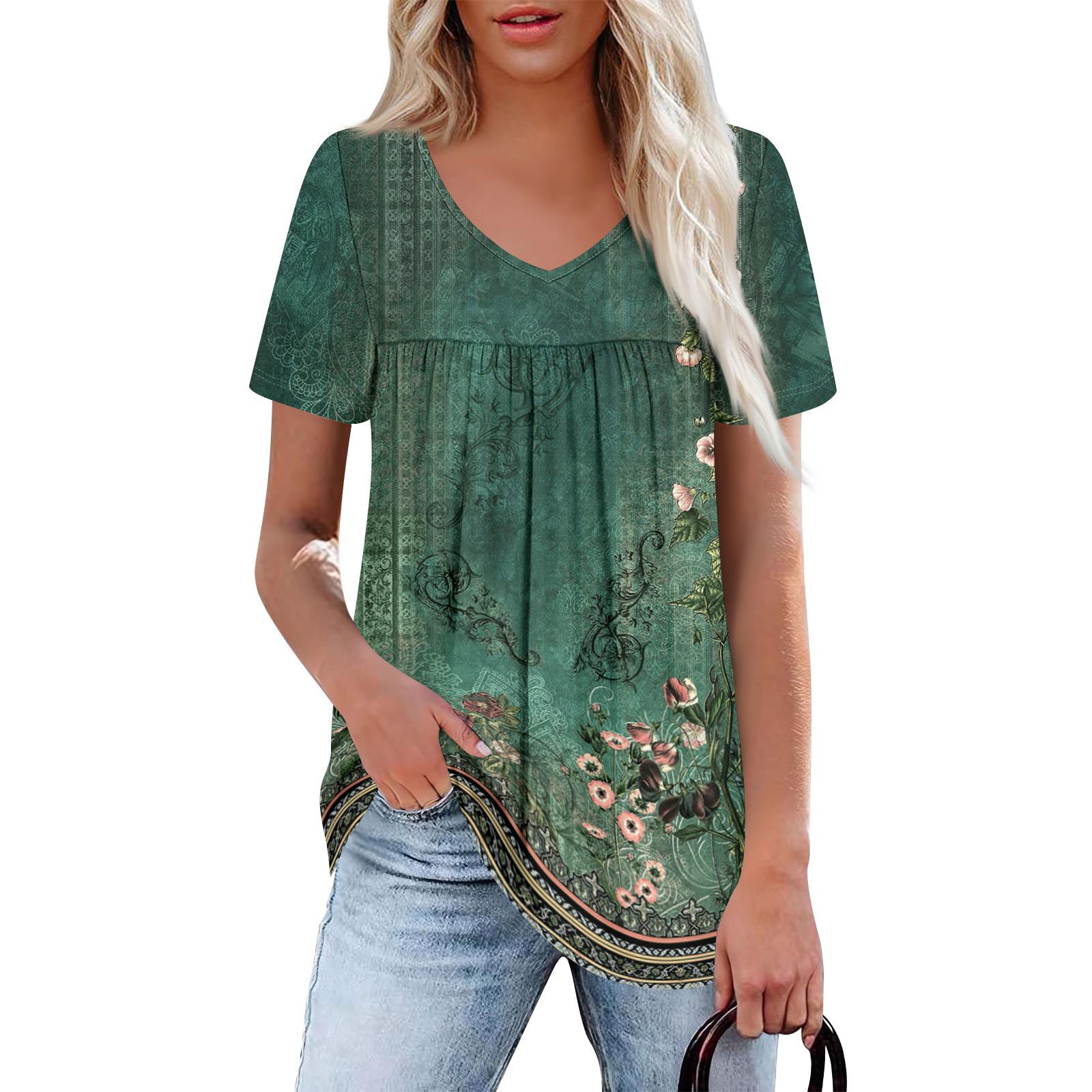 

Women s Casual V-Neck Short Sleeve Chest Ruffle Printed Top XL