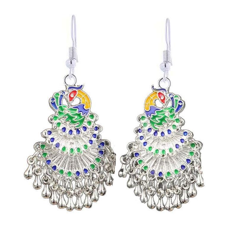 Imitation Miao Silver Minority Totem Phoenix Bell Earrings Jingtai Blue Peacock Earrings Scenic Earrings Earrings