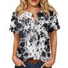 Women’s Printed Short Sleeve Henley Neck Shirt with Front Pocket Cotton Linen Material Relaxed Fit Casual Top