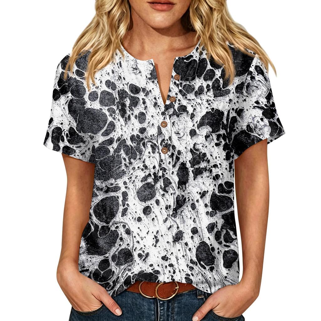 Women’s Printed Short Sleeve Henley Neck Shirt with Front Pocket Cotton Linen Material Relaxed Fit Casual Top