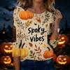 Women's Casual Halloween Print Round Neck Three Quarter Sleeve T Shirt Top Lightweight Comfortable Fit Seasonal Design