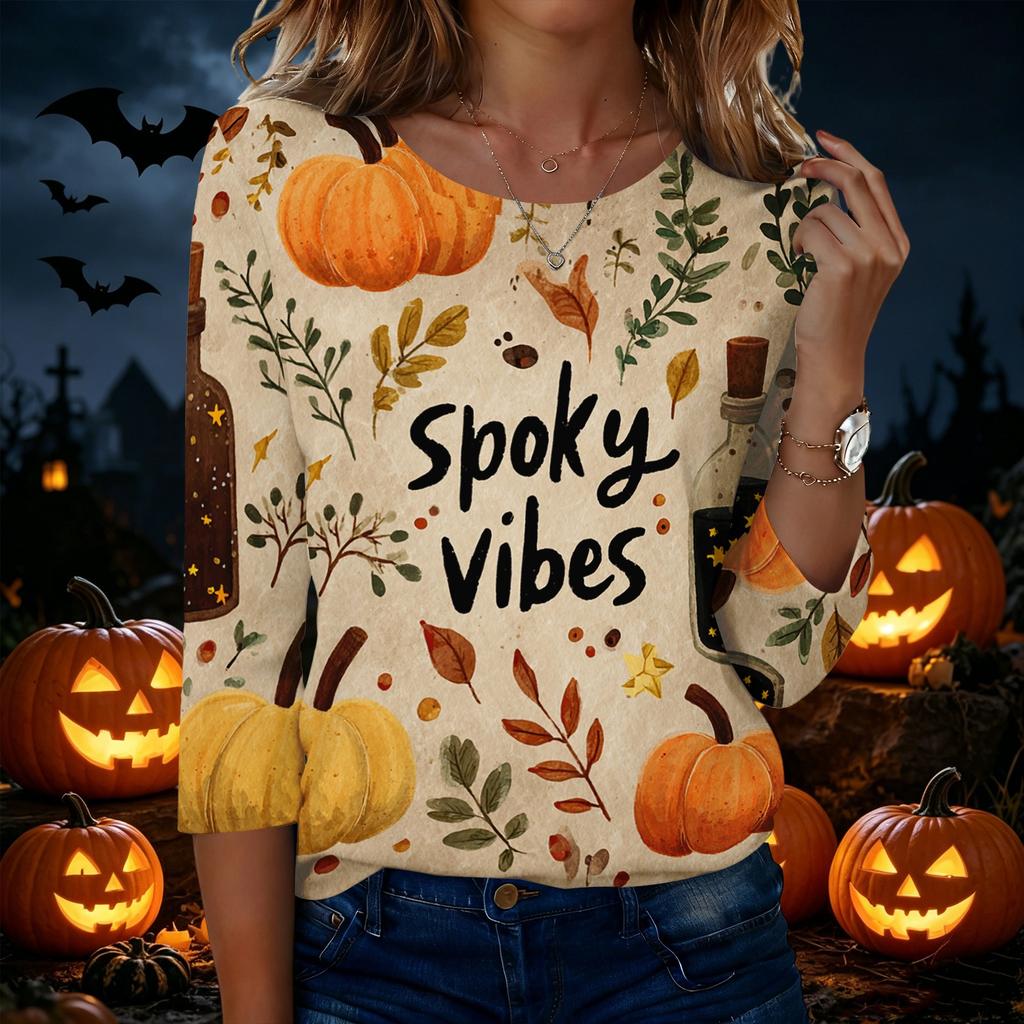 Women's Casual Halloween Print Round Neck Three Quarter Sleeve T Shirt Top Lightweight Comfortable Fit Seasonal Design