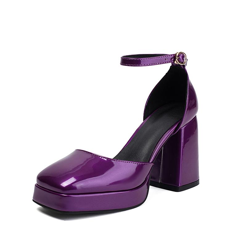 

Square Toe Patent Leather Side Hollow Ankle Heart-Shaped Metal Buckle High-Heeled Sandals Square Toe Platform Purple Sandals 34 фіолетовий