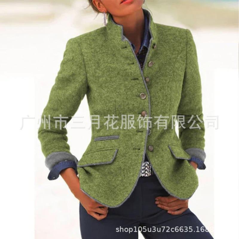 PEYWOW Jaquetas e casacos femininos vintage casual cor sólida estampa outono inverno manga comprida gola polo