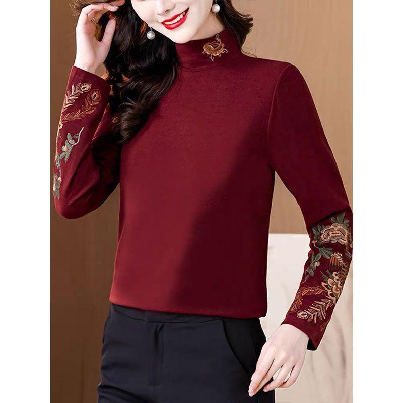 Otoño Invierno Cuello Medio Alto Estilo Étnico Vintage Bordado Jersey Top Mujer Manga Larga Camiseta Básica