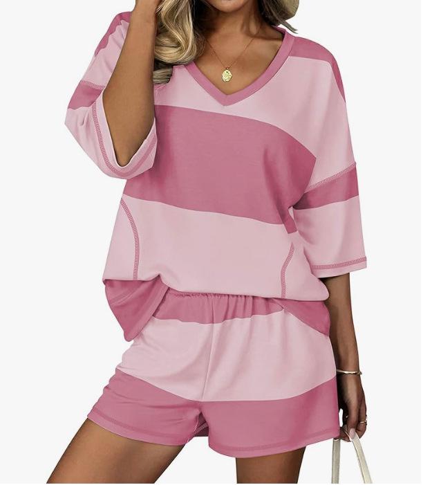 Spring/Summer Women's Striped Short-Sleeve Top & Casual Shorts Two-Piece Sportswear Set