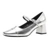 Silver Mary Jane High Heels: Women's Square Toe Retro Chunky Heel One-Strap Shoes for Spring and Autumn.