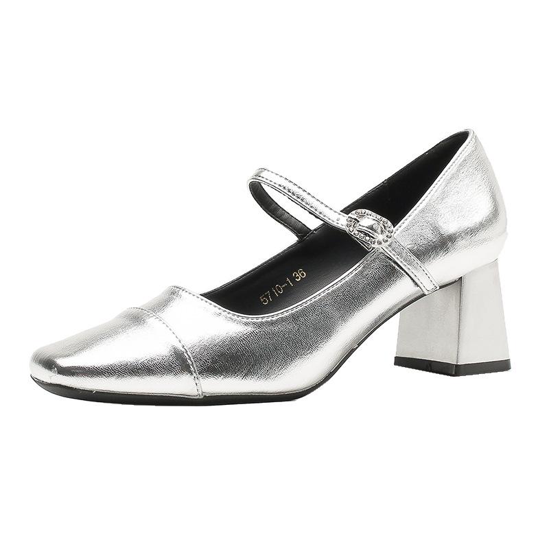 Silver Mary Jane High Heels: Women's Square Toe Retro Chunky Heel One-Strap Shoes for Spring and Autumn.
