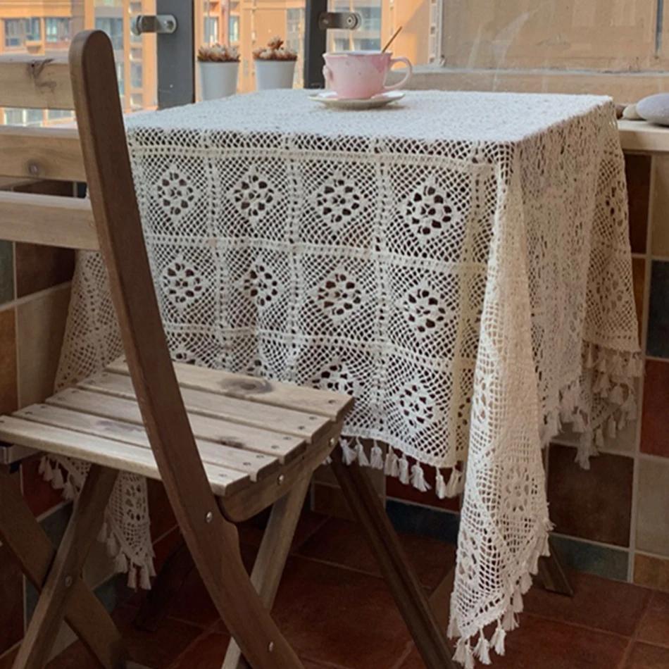 Cotton Weave Tablecloth,With Tassel Rectangle Hollow Lace Table Cloths for Kitchen Party Holiday Christmas Dining Table Decor