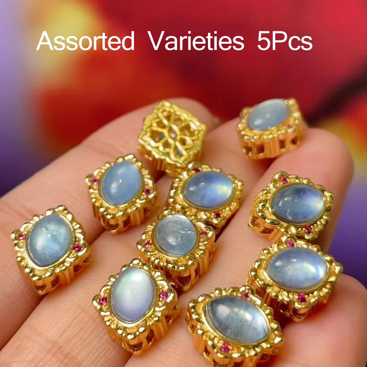 

5Pcs, Natural Stone Aquamarine Pendant with Golden Edged Accents, Boho Handmade Oval Charms, 10×11mm, for DIY Jewelry Making Materials, Mini Decor 5Pcs/10×11mm