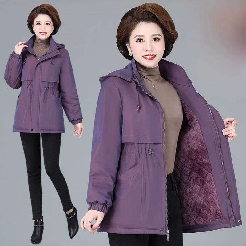 Women Winter Jacket Hood Warm Parkas Fleece Mid Length Padded Jacket Windbreakers Outerwear Mother Coat