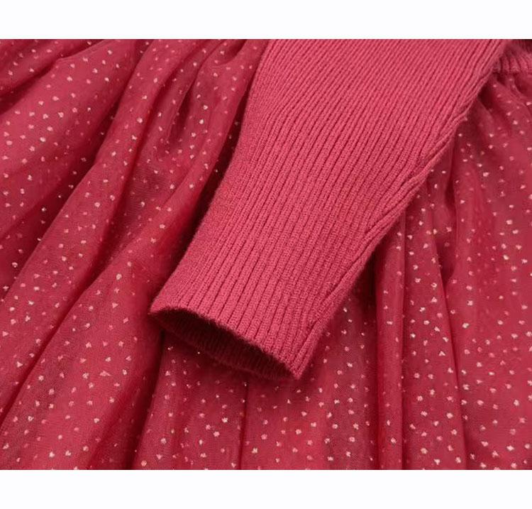 Round Neck Knitted Mesh Princess Dress - Girls' Red Woolen Dress Spring and Autumn Small and Medium Children's Dress