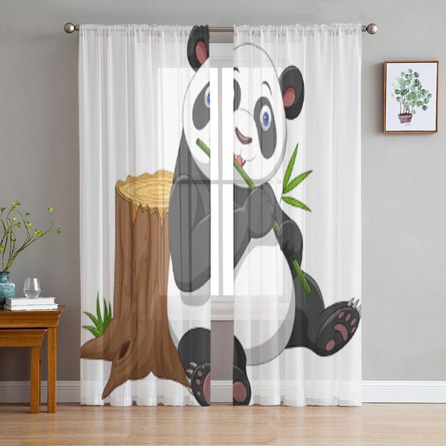 Animal Cute Panda Bamboo Cartoon Window Curtains Living Room Tulle Curtains Kitchen Decor Kids Room Curtain Window Treatment