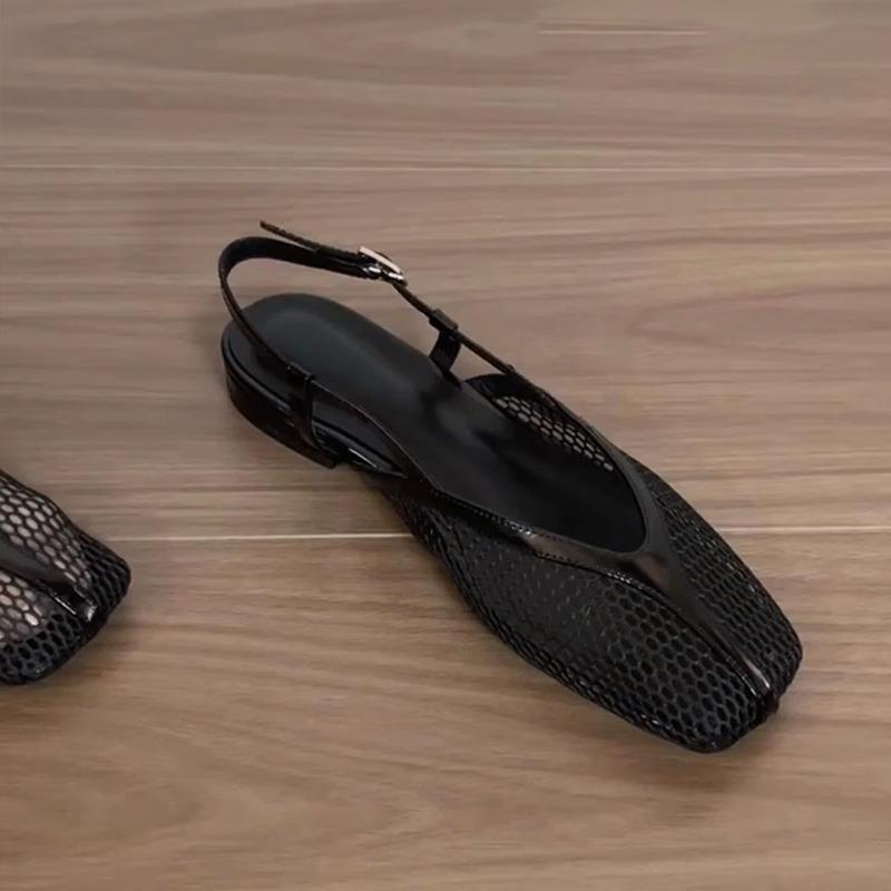 

Sheepskin version~ Design sense little fairy mesh one-word buckle with bag head sandals square head low heel Mary Jane cool slippers 40 чёрный